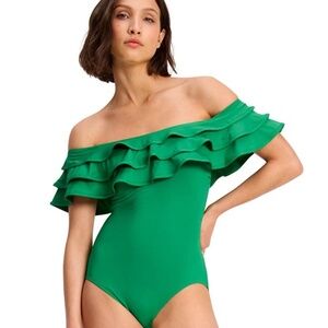 KATE SPADE NEW YORK RUFFLE ONE PIECE SWIMSUIT- SOLIDS NWT Green